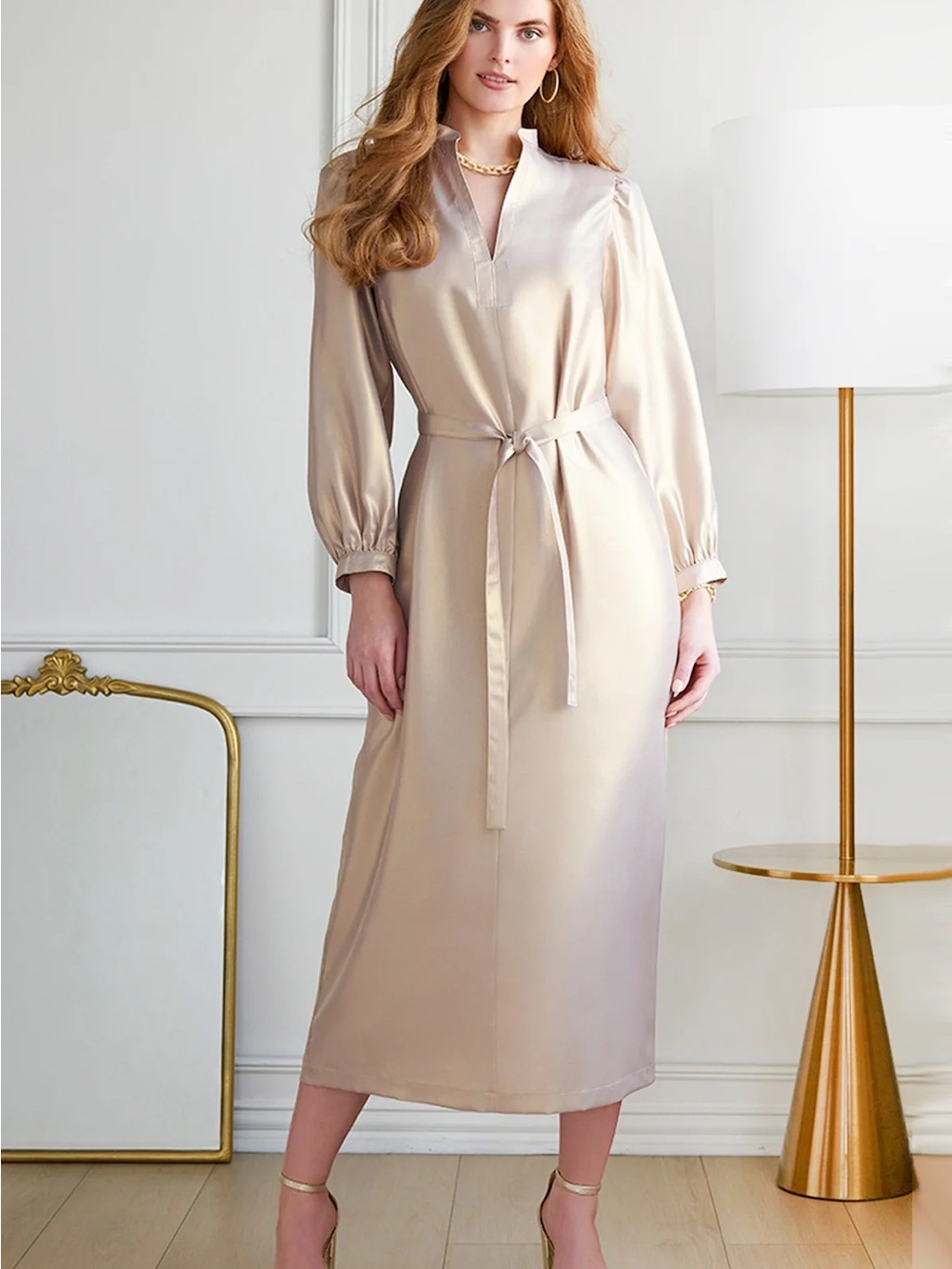 Finley Francesca Champagne Tie-Waist Midi Dress